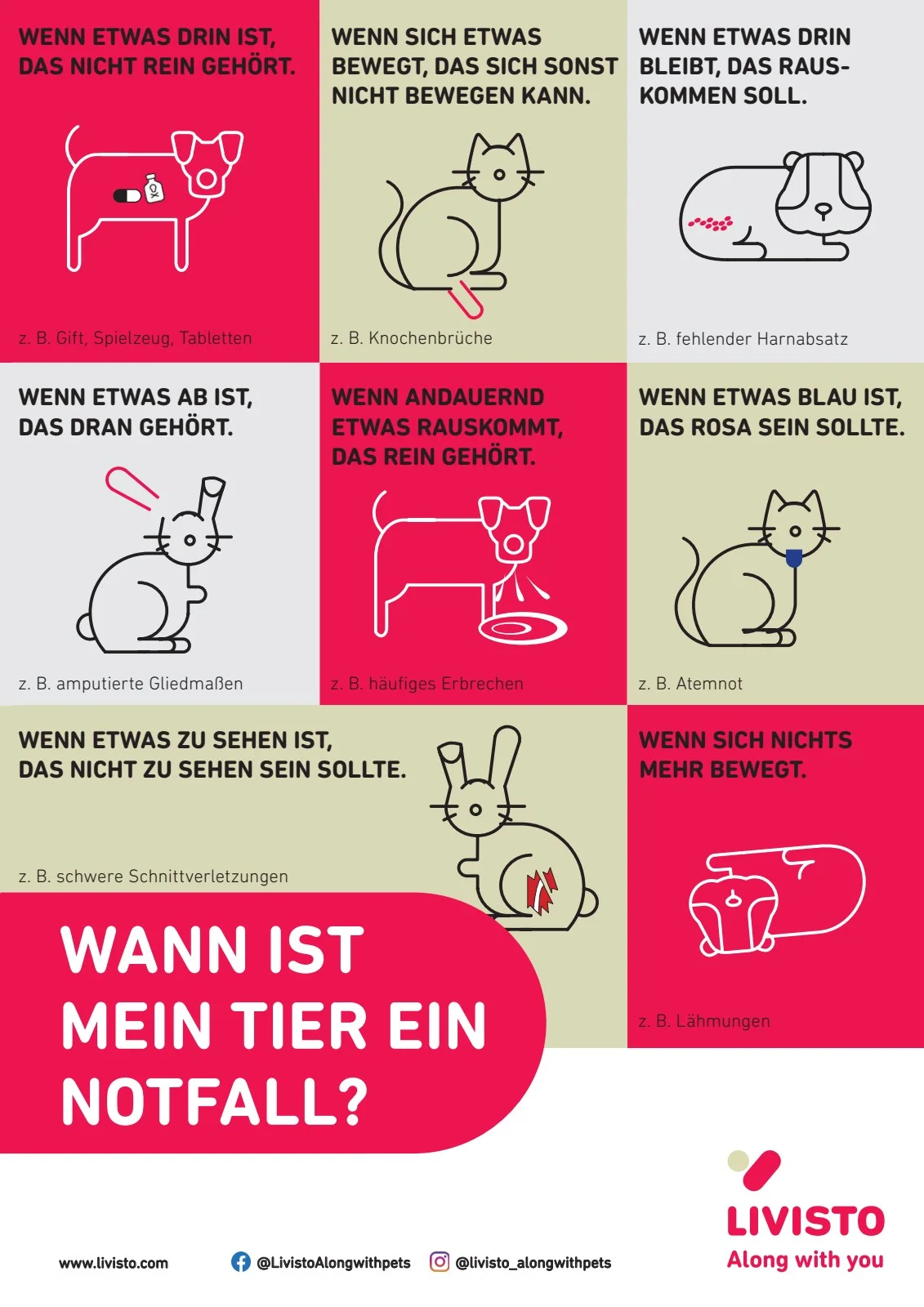Infografik: Wann ist mein Tier ein Notfall? - Übersicht der häufigsten Notfallsituationen bei Haustieren